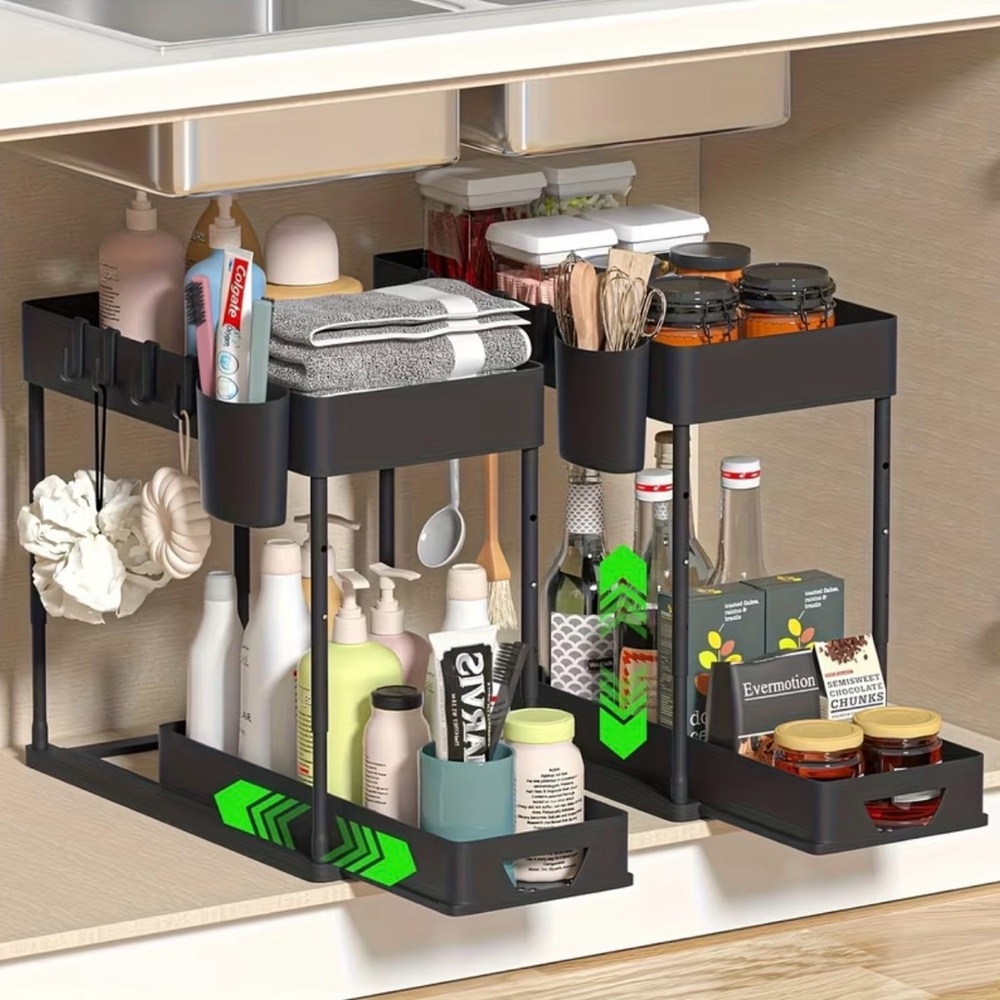 Black Under The Sink , 2 Tier Sliding Cabinet Basket Organizer With Books (New)